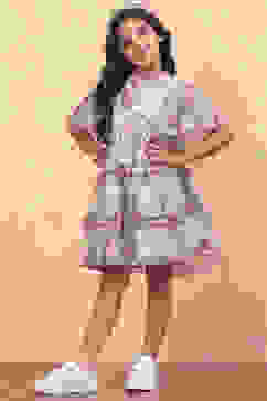 Beige Dobby Net Floral Ruffled Flared Tiered Dress image number 5