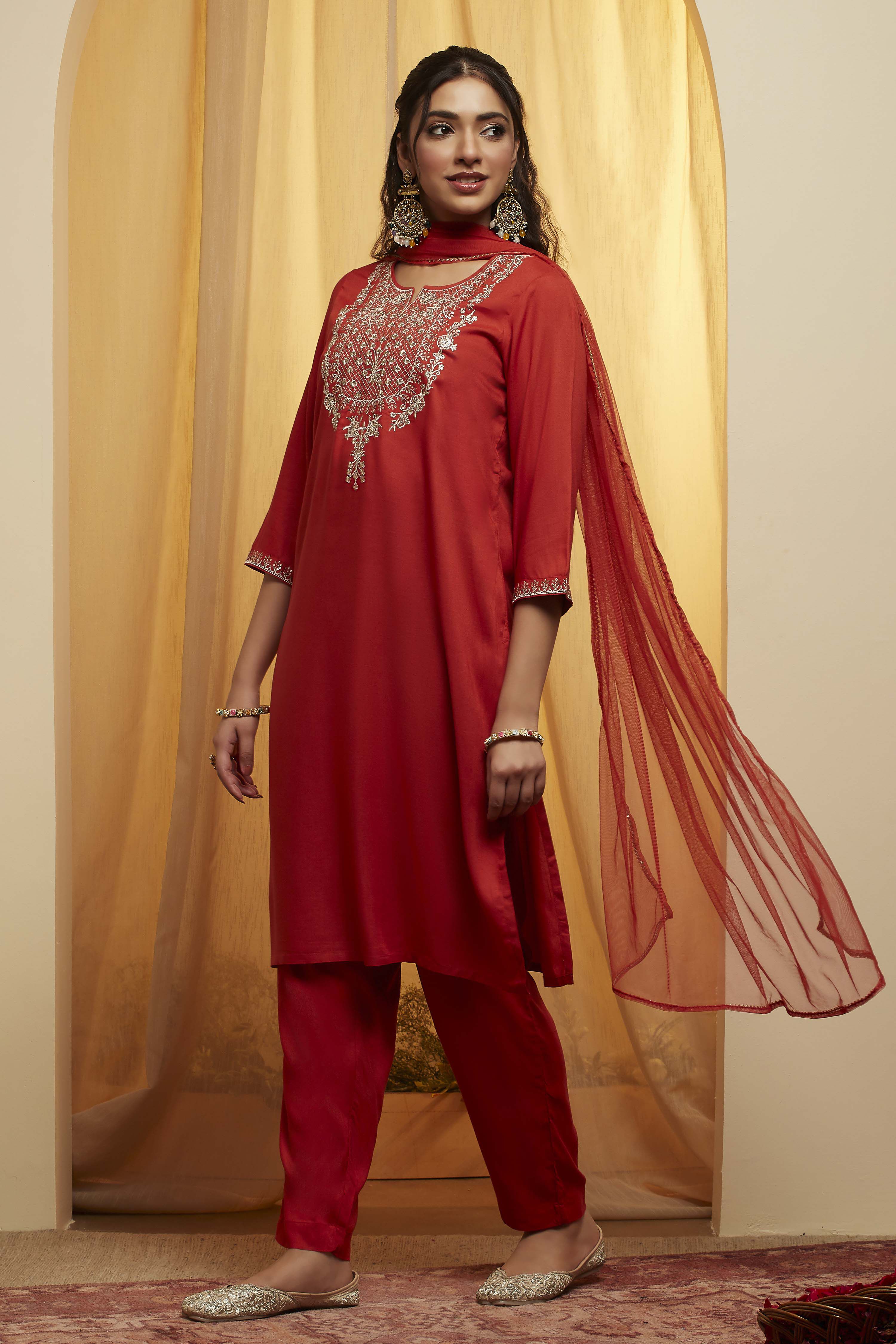 Burnt Orange Rayon Straight Kurta Pants Suit Set image number 3