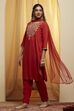 Red Solid Rayon Embroidered Yoke Kurta Set image number 3