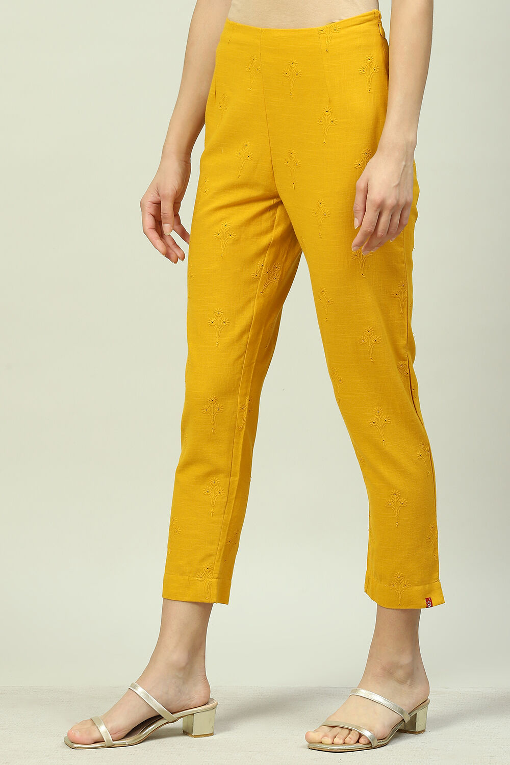 Off White Cotton Embroidered Pants image number 1