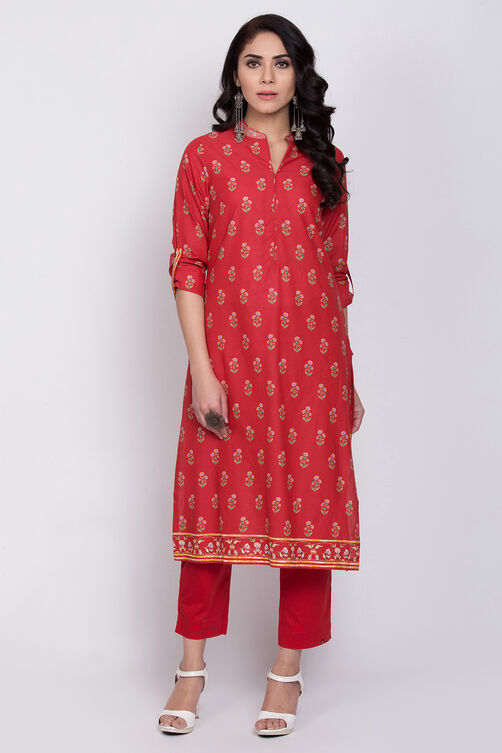 Navy Blue Cotton Straight Printed Kurta image number 0