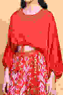 Red Printed Fusion Flared Lehenga Set image number 1