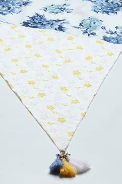 White & Blue Printed Cotton Tiered Kurta With Pants & Scarf image number 3