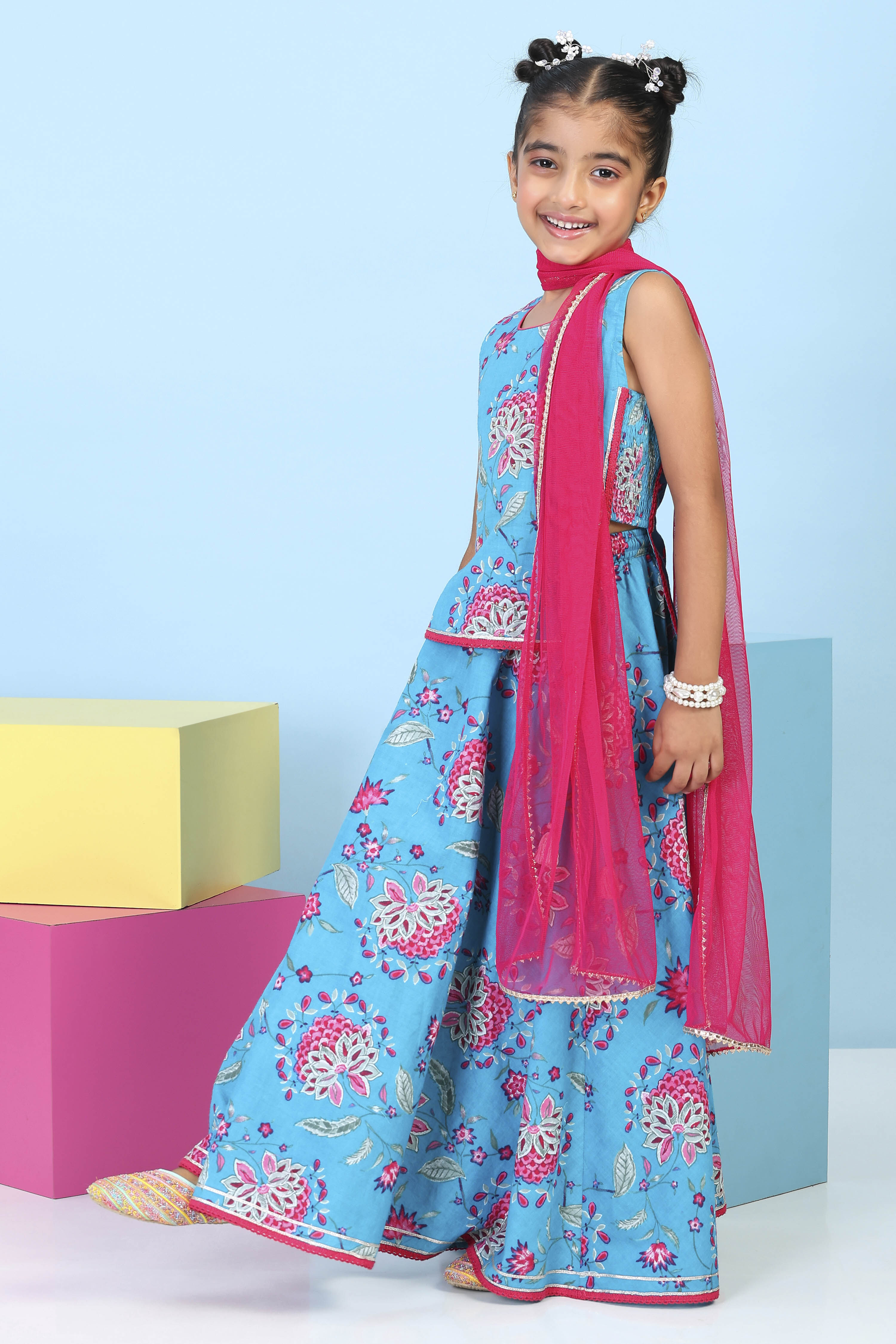 Turquoise Cotton Printed Straight Lehenga Set image number 3