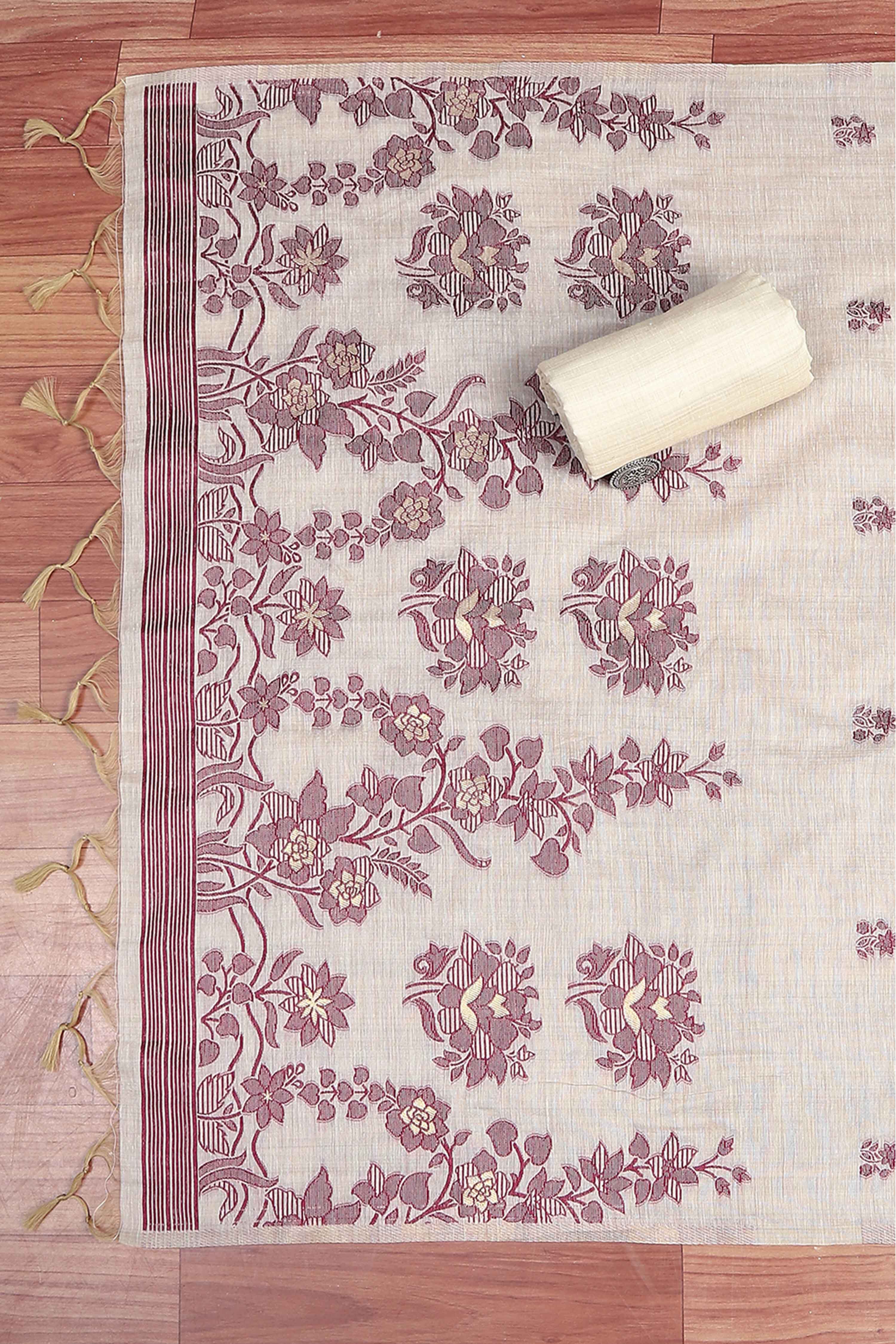 Wine Chanderi Printed Unstitched Suit Set image number 3