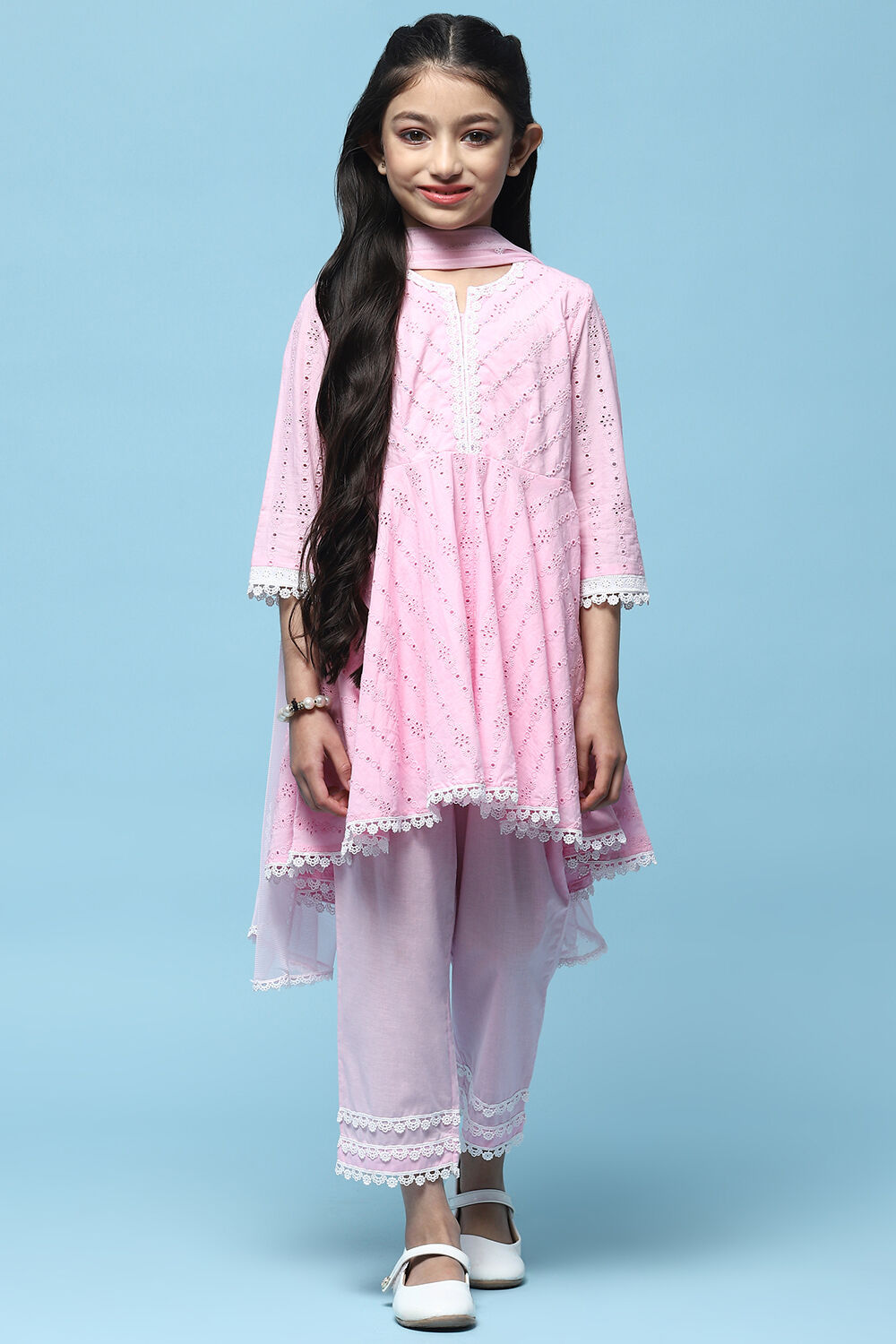 Pink Schiffli Cotton Flared Kurta With Palazzo & Net Dupatta image number 7