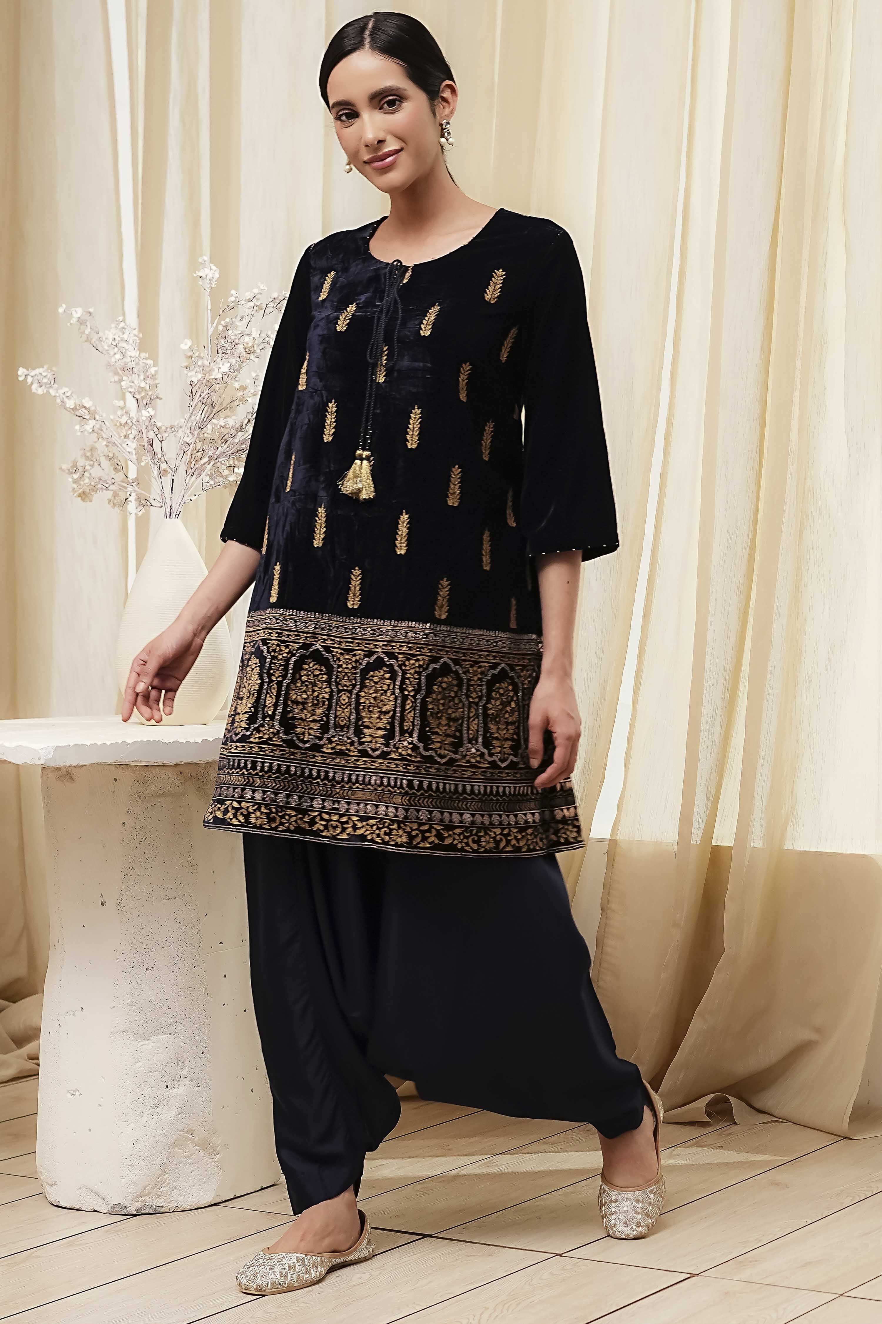 Navy Blue Polyester Straight Kurta Pants Set image number 3