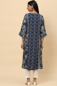 Navy LIVA A-Line Printed Kurta image number 4