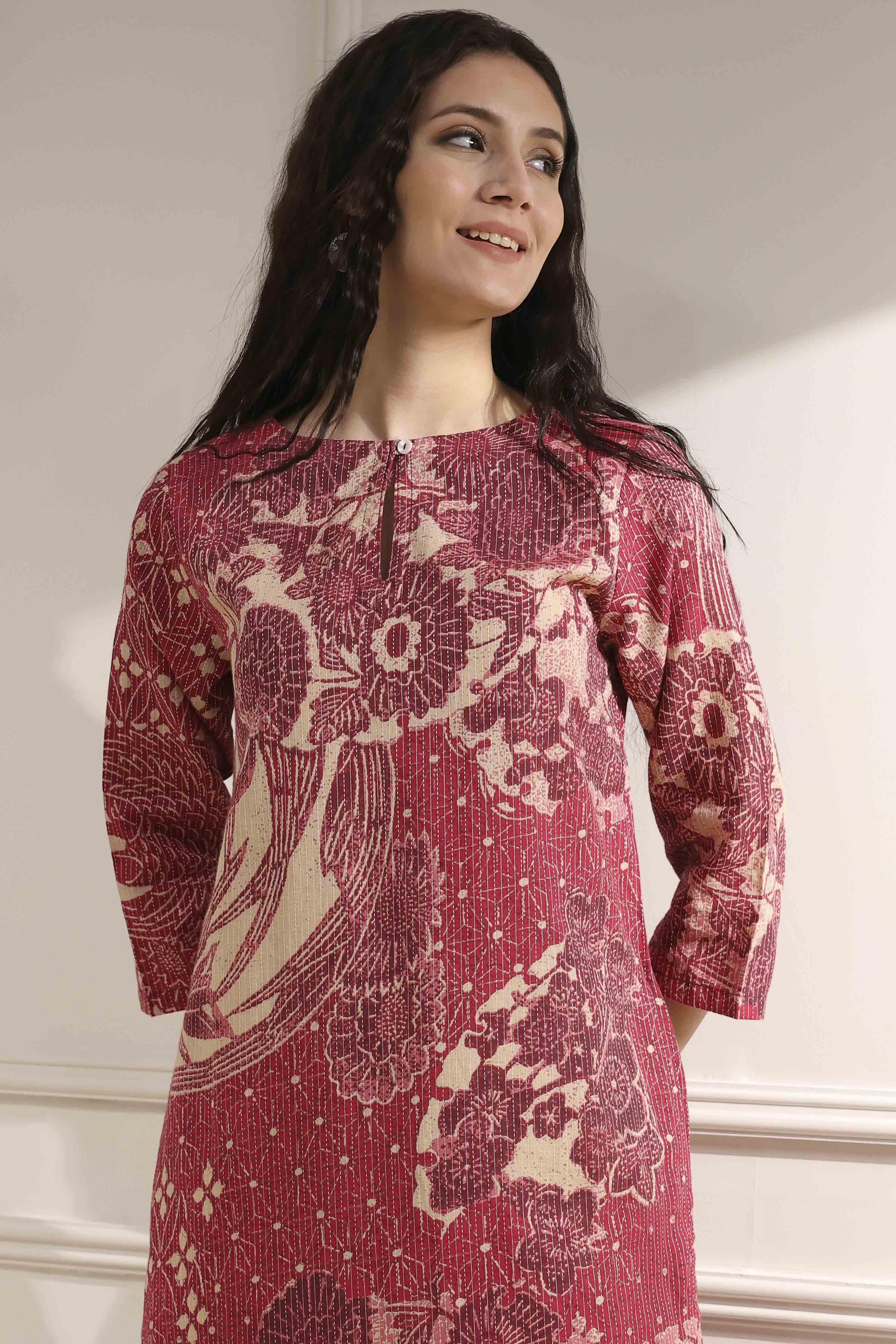Onion Pink Cotton Printed Straight Kurta image number 1