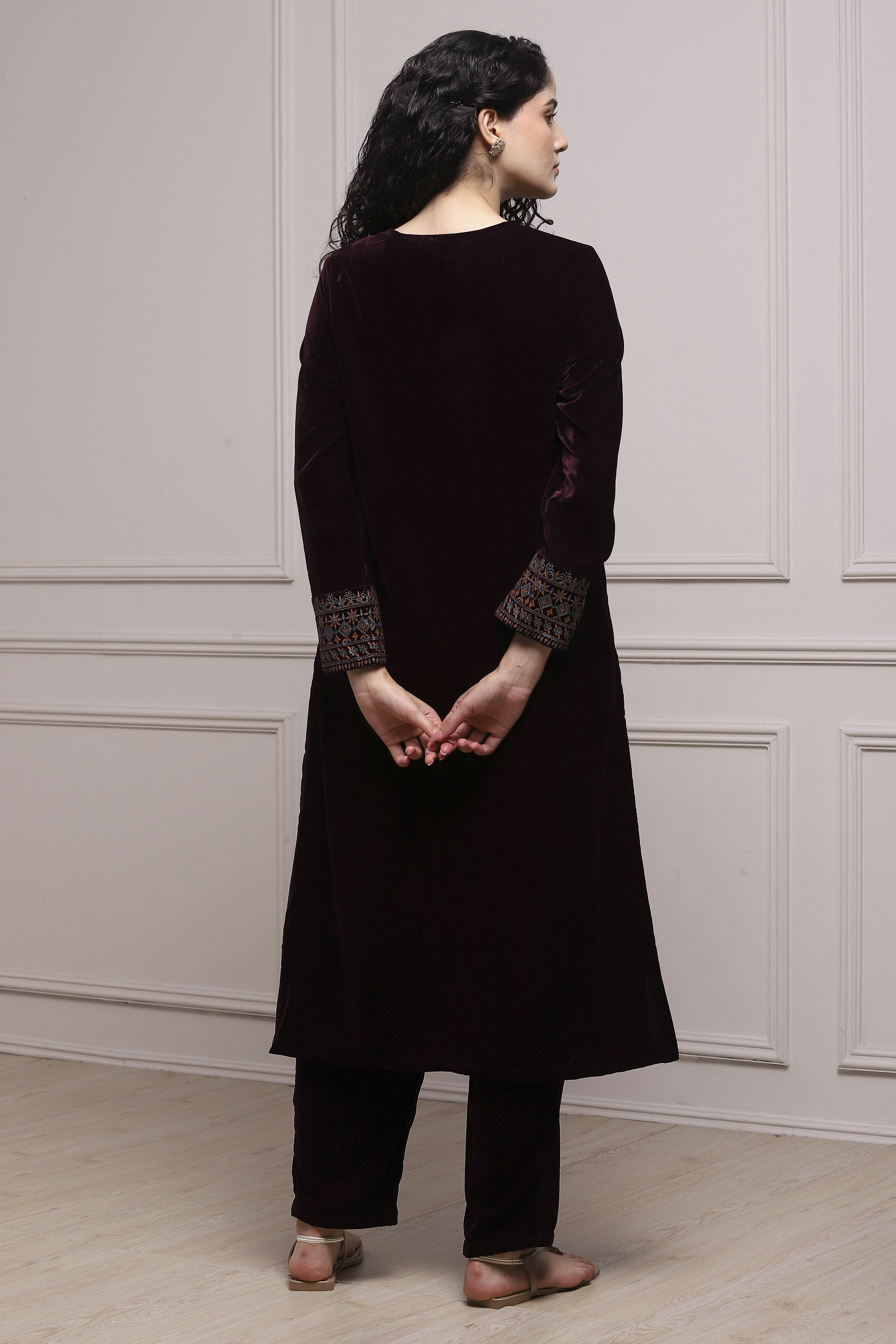 Wine Art Silk Straight Kurta Pants Set image number 3