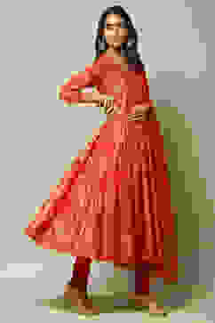 Red Cotton Anarkali Kurta Churidar Suit Set image number 7