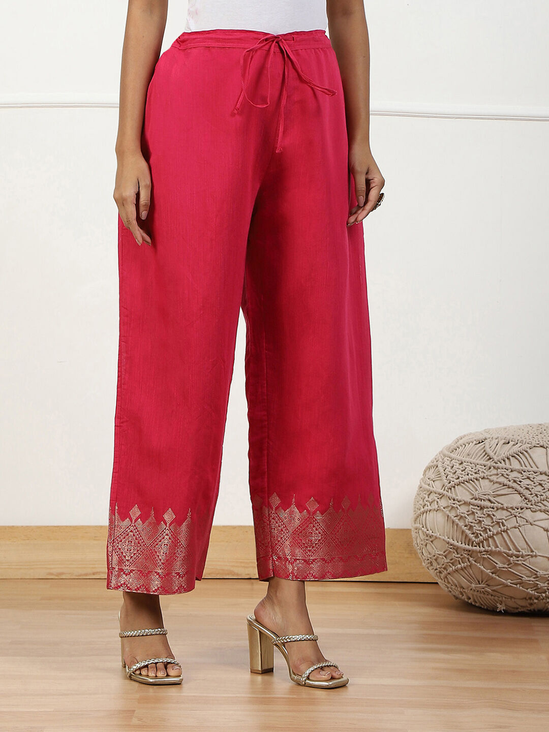 Pink Jacquard Solid Straight Palazzo Pants image number 3