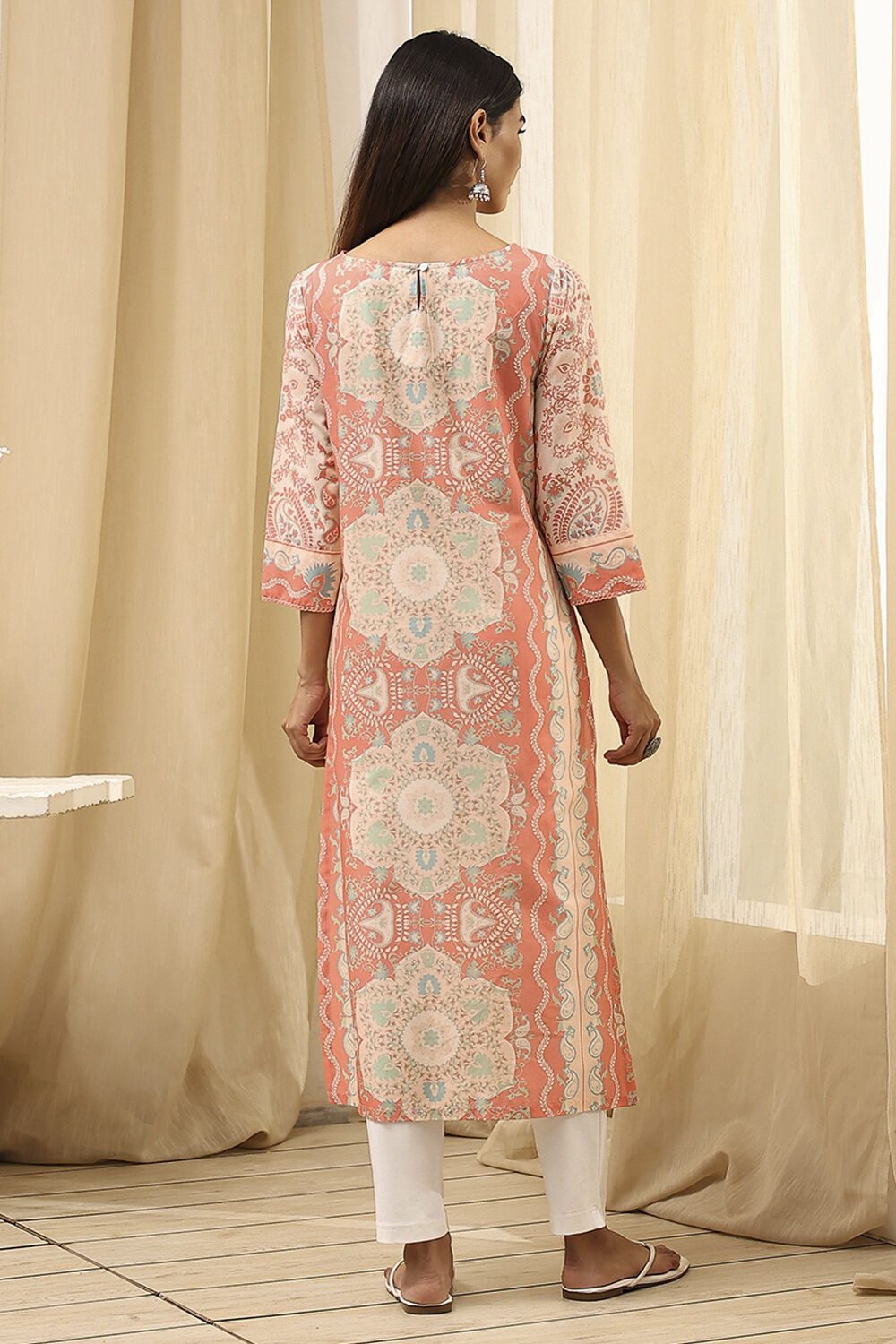 Peach-Colored Cotton Printed Straight Kurta image number 4