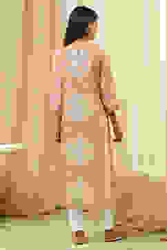Peach-Colored Cotton Printed Straight Kurta image number 4
