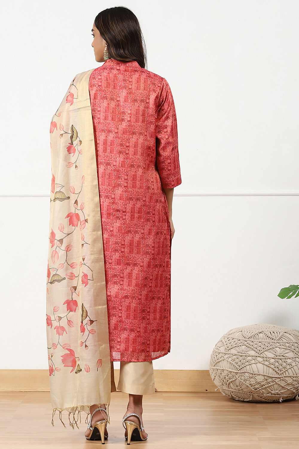 Red Cotton Printed Unstitched Kurta Set image number 3