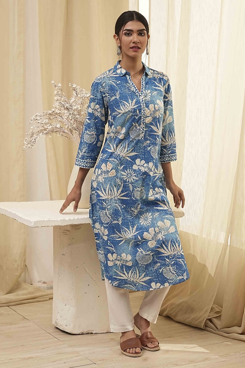 Red Pure Cotton Floral Straight Kurta image number 0