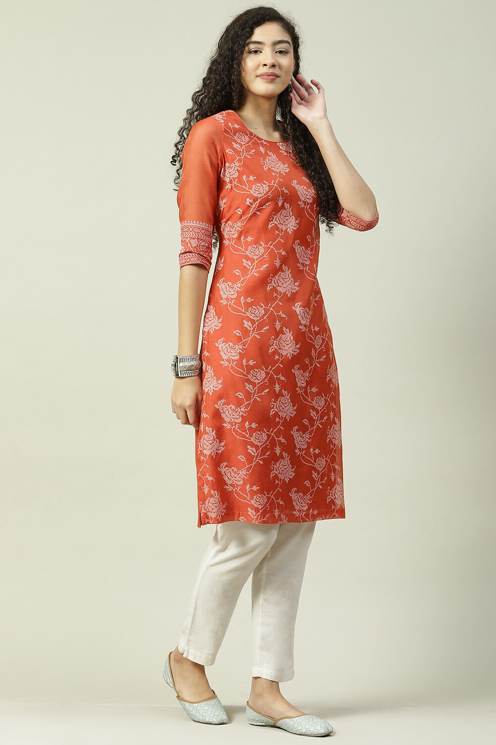Green Art Silk Straight Printed Kurta image number 3