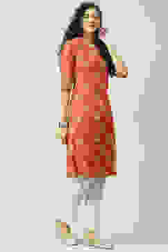 Burnt Orange Art Silk Straight Printed Kurta image number 3