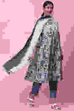 White and Blue Cotton Flared Kurta Slim Pant Suit Set image number 6