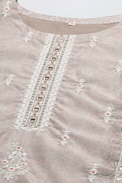 Beige Chanderi Blend Machine Embroidered Unstitched Suit Set image number 2