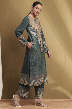 Green Printed Straight Winter wear Kurta Set image number 5