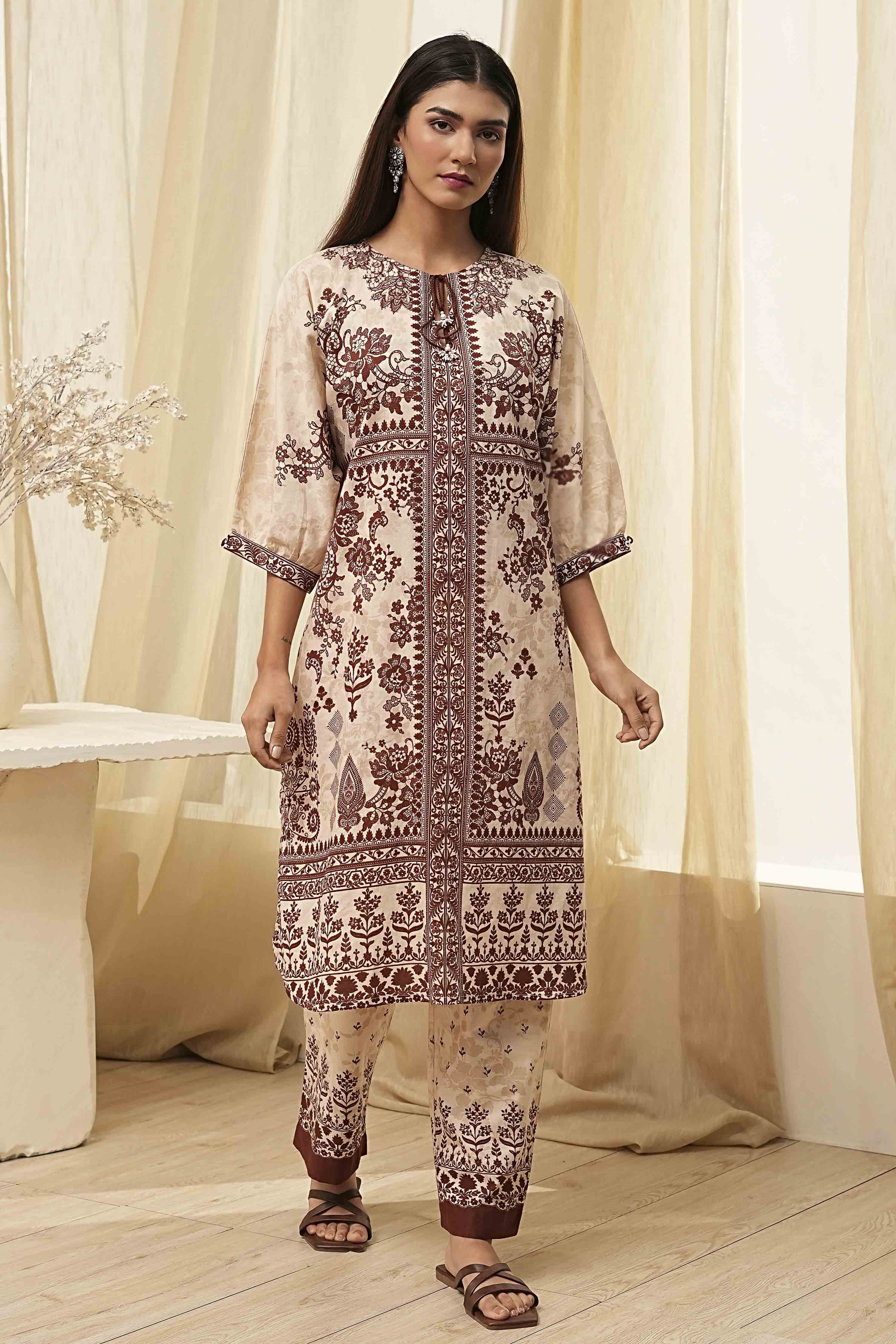 Beige and Brown Pure Cotton Printed Kurta Set image number 6