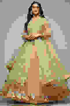 Beige Nylon Front Open Embroidered Kurta Lehenga Set image number 0