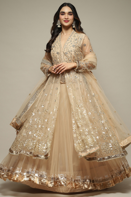 Buy Beige Nylon Front Open Embroidered Kurta Lehenga Set Online at