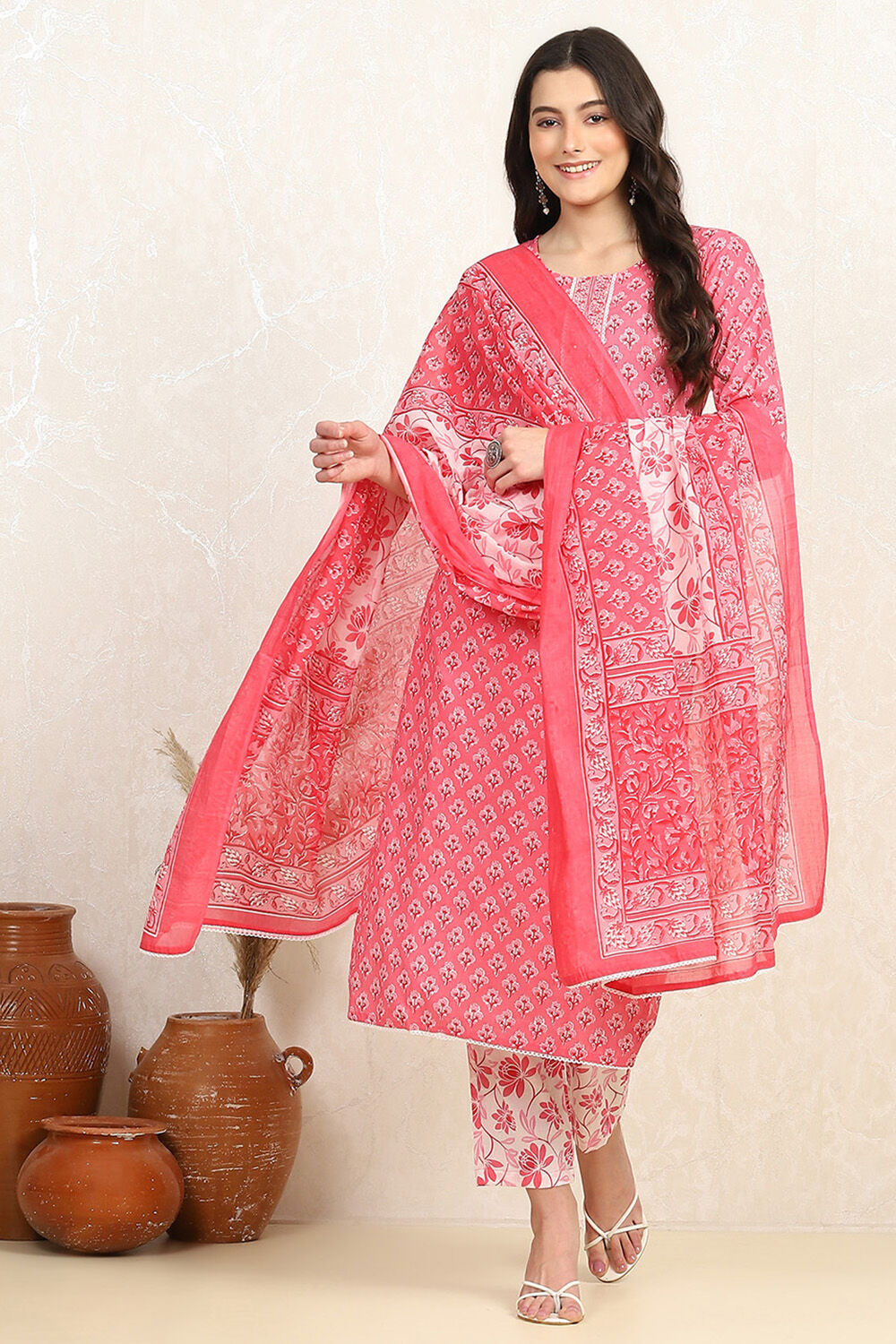Pink Cotton Screen-Printed Unstitched Suit Set image number 1