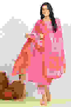 Pink Cotton Screen-Printed Unstitched Suit Set image number 1
