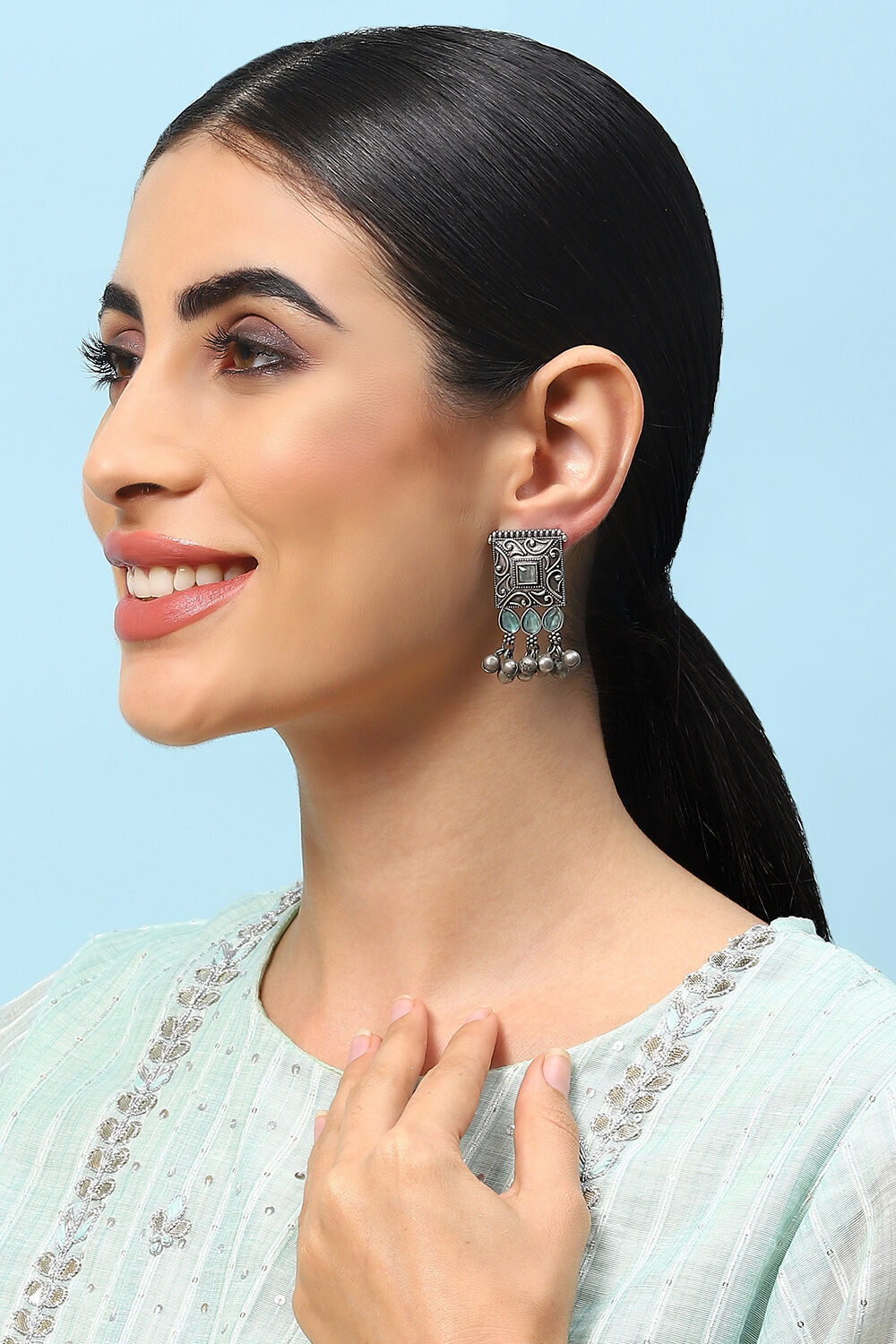 Oxidised Mint Brass Earrings image number 3