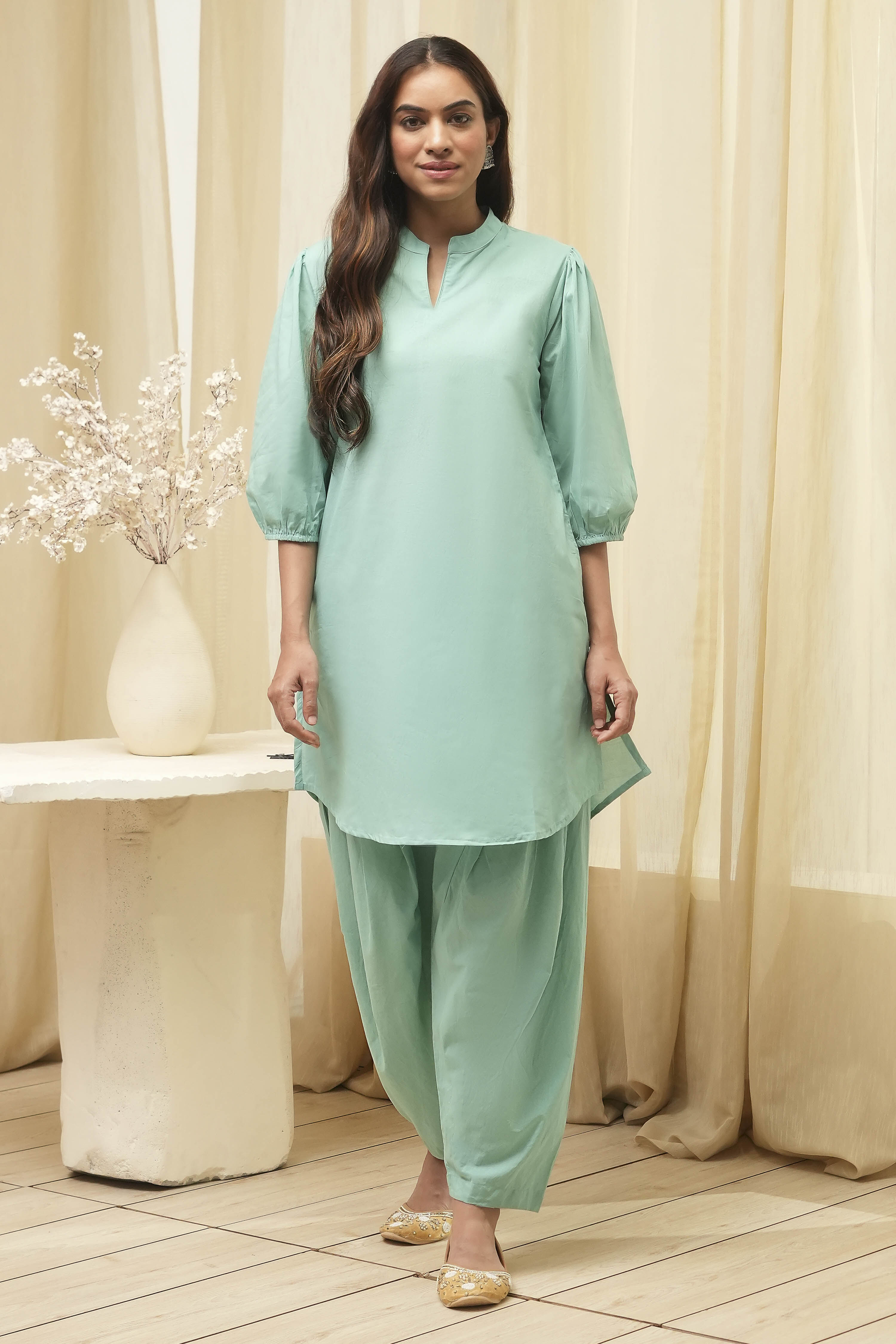 Sage Green Cotton Pathani Straight Kurta Set image number 7
