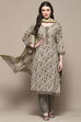 Grey Cotton Screen Printed Unstitched Suit Set image number 8