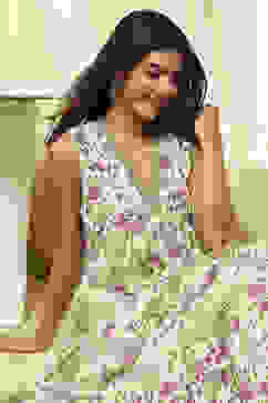 Off-White and Green Cotton Floral Tiered Dress image number 6