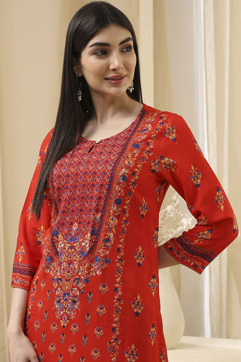 Red Printed Straight Kurta image number 1