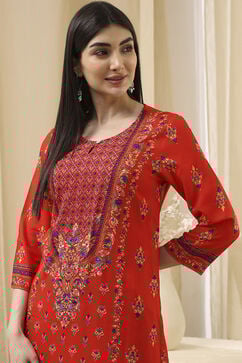 Red Viscose Rayon Straight Printed Kurta image number 1