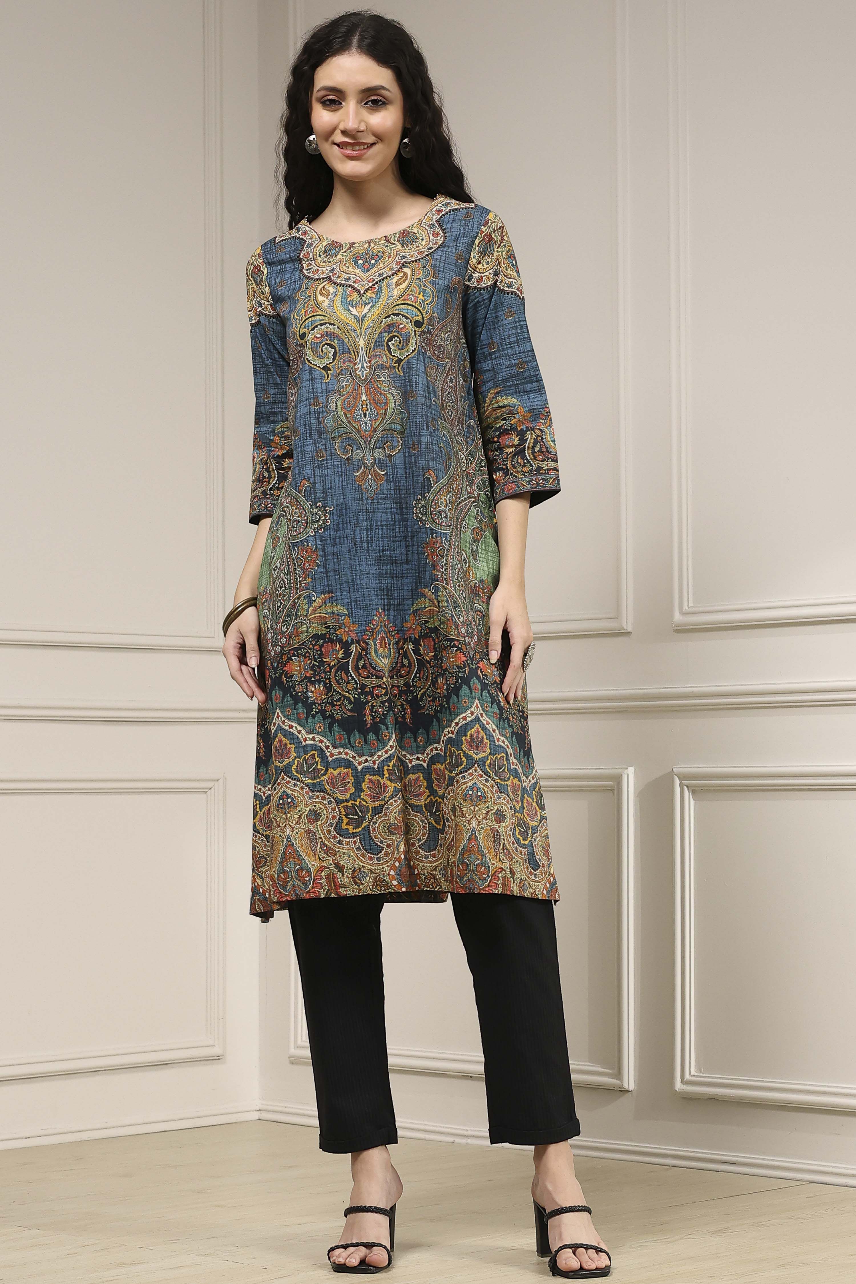 Blue Cotton Printed Straight Kurta image number 5