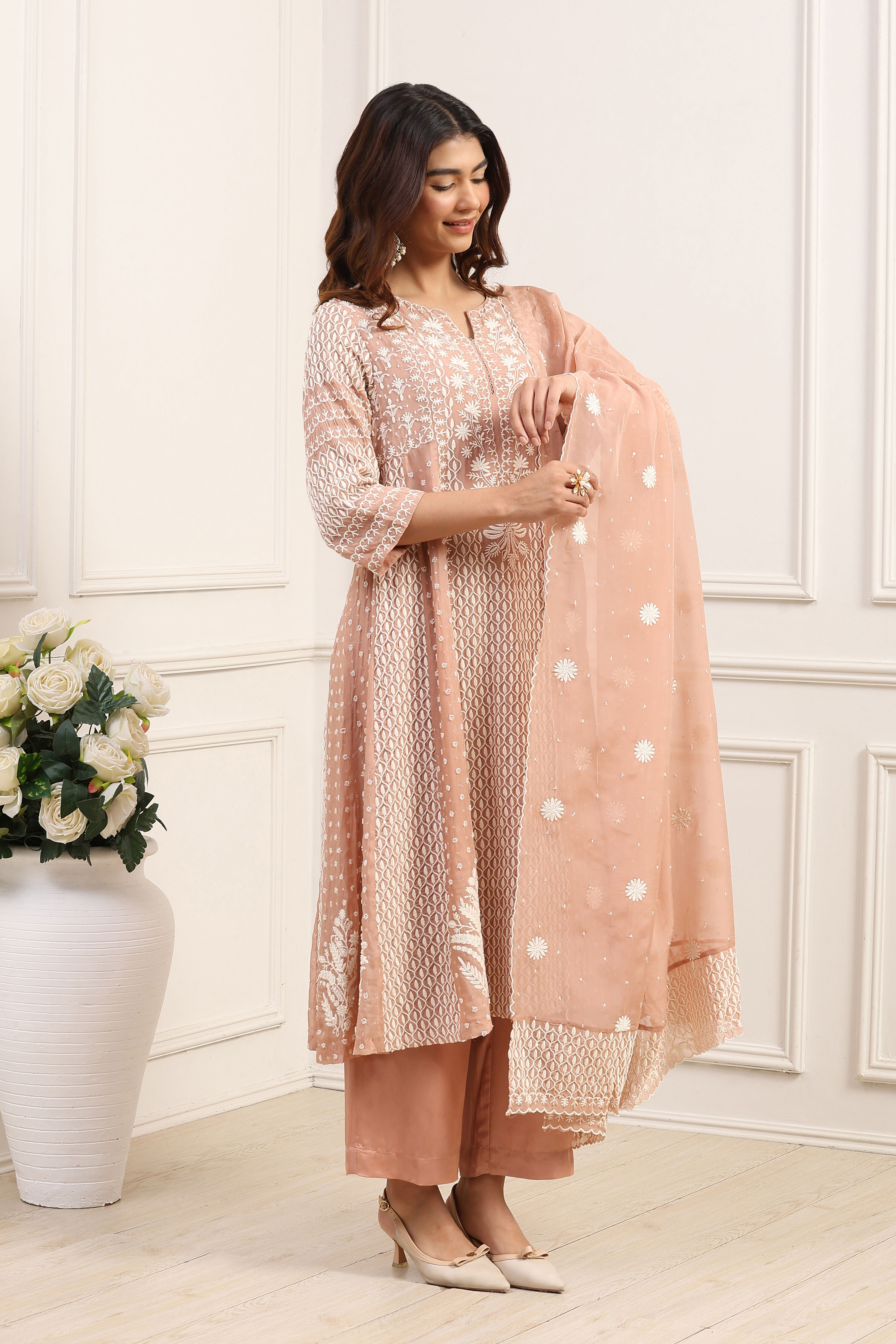 Beige Viscose Organza Embroidered Straight Suit Set image number 5