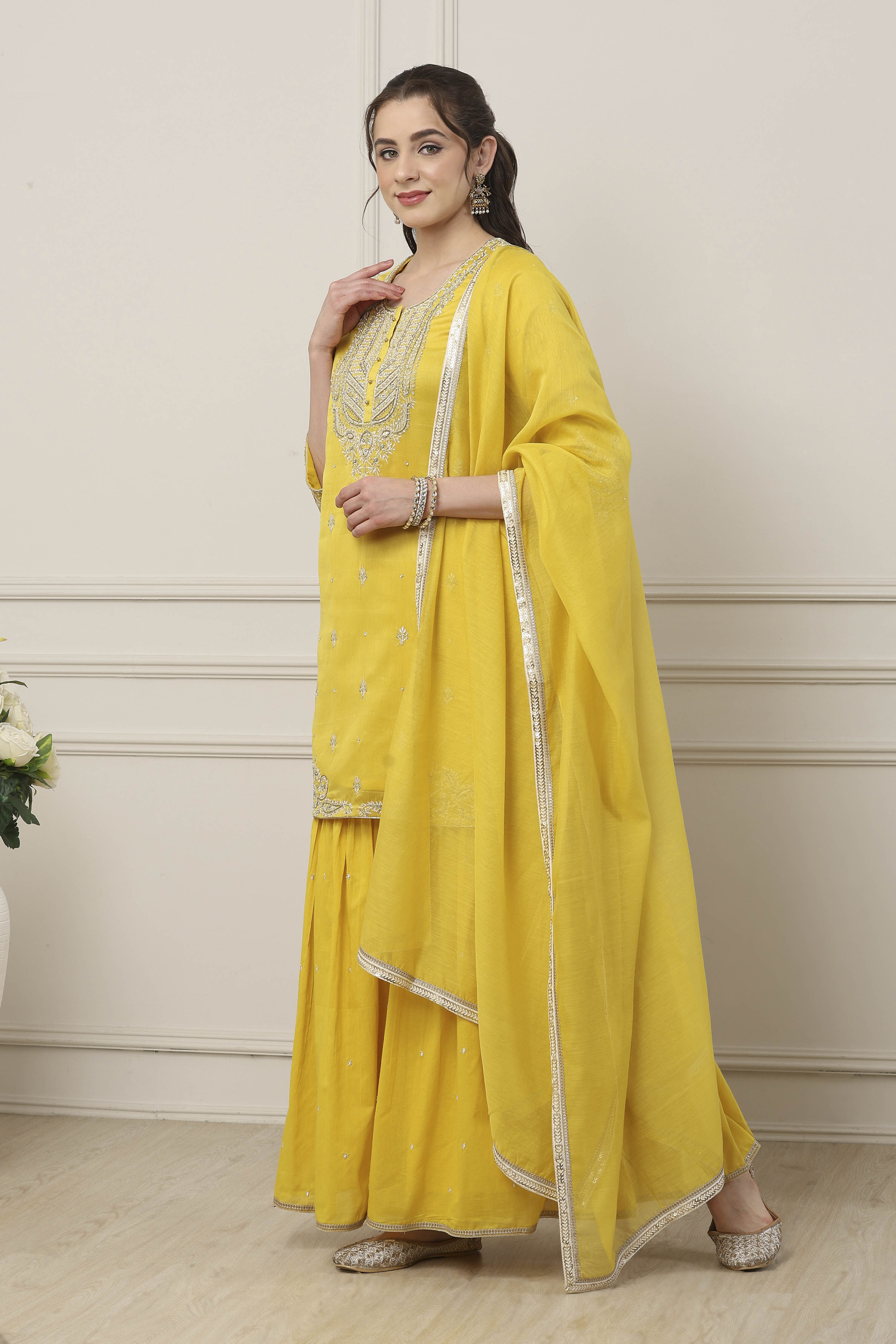Yellow Silk Chanderi Sequin Embroidered Straight Suit Set image number 3