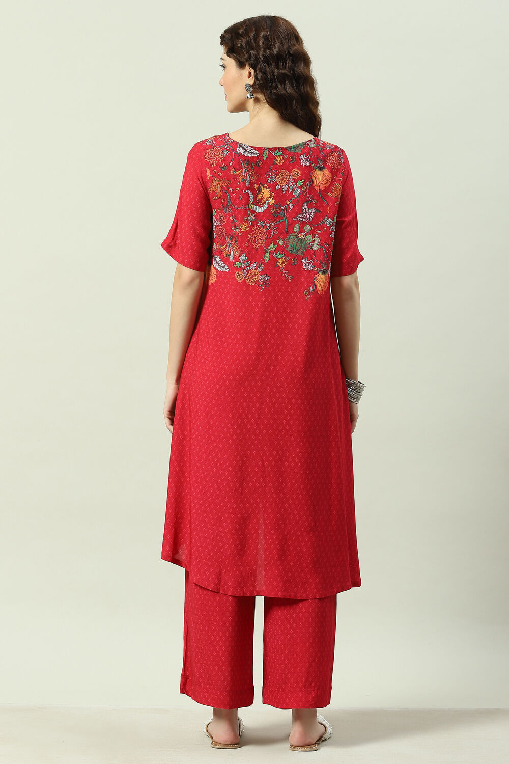 Red Printed LIVA Asymmetric Kurta Palazzo Suit Set image number 4
