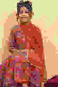 Orange Floral Printed Tiered Suit Set image number 7