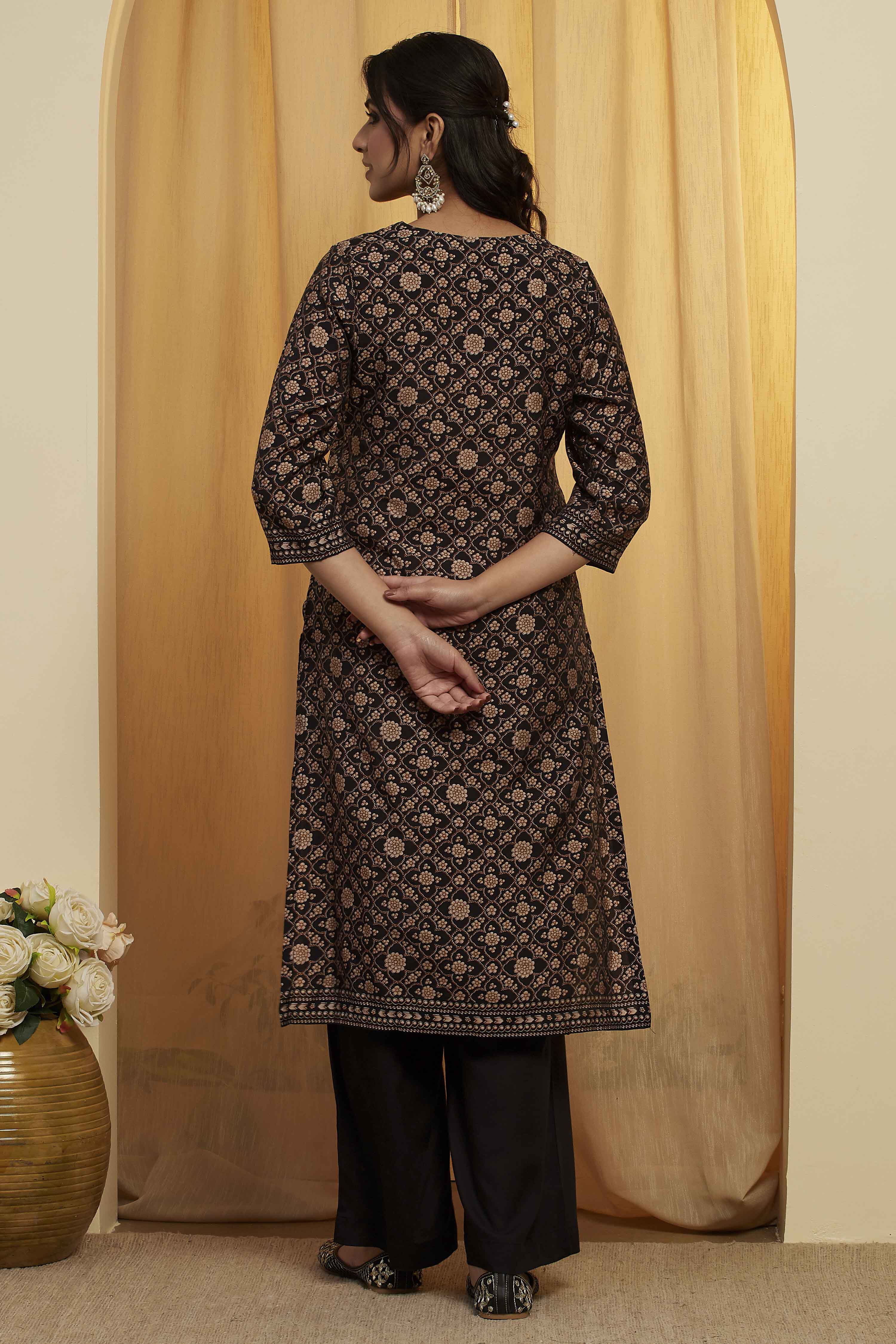 Black Viscose Blend Printed Straight Kurta Set image number 5