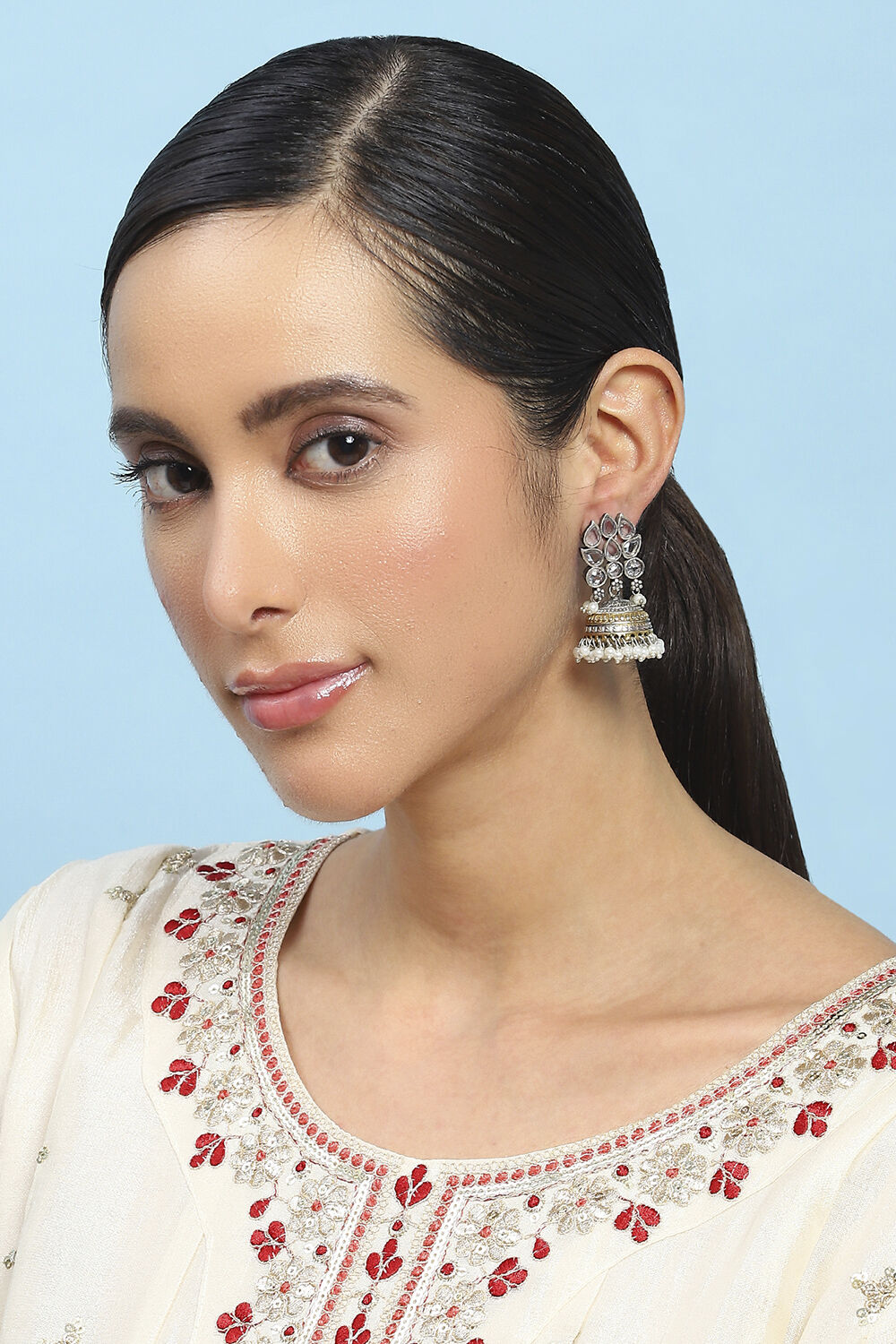 White Stone-Studded Oxidised Jhumkas image number 3