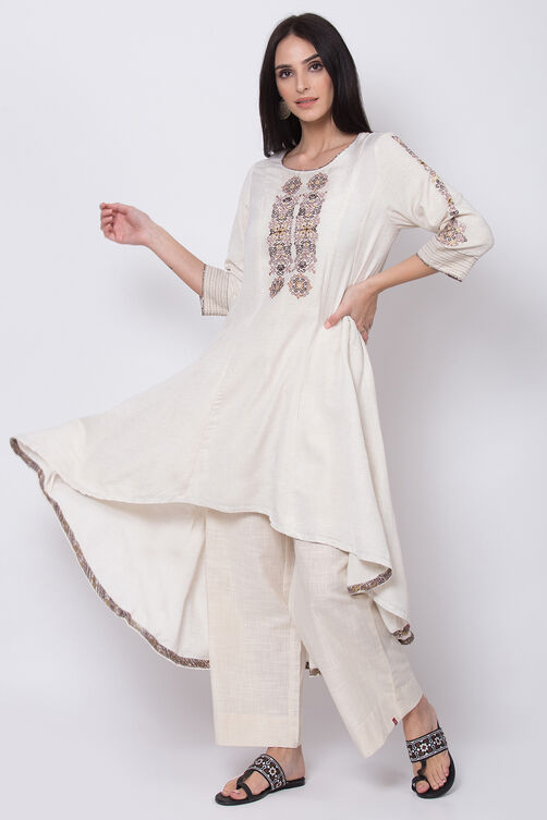 Off White Cotton Flax A-Line Kurta image number 2