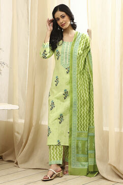Lime Green Cotton Screen Print Unstitched Suit Set image number 7