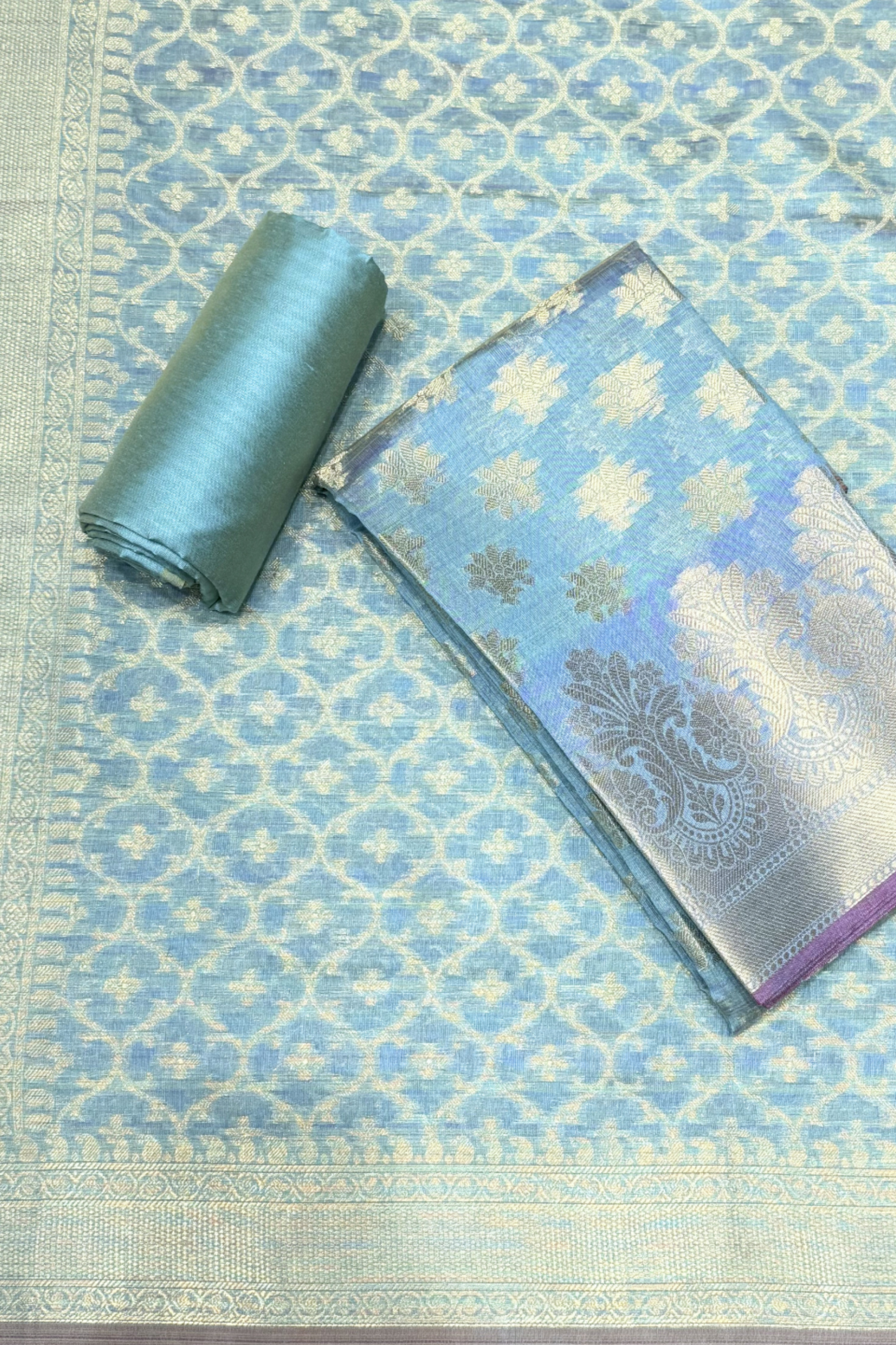 Blue Chanderi Printed Unstitched Suit Set image number 0