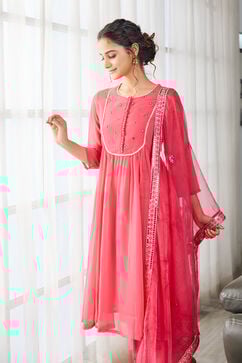 Pink Embroidered Gathered Kurta & Palazzo Suit Set image number 3