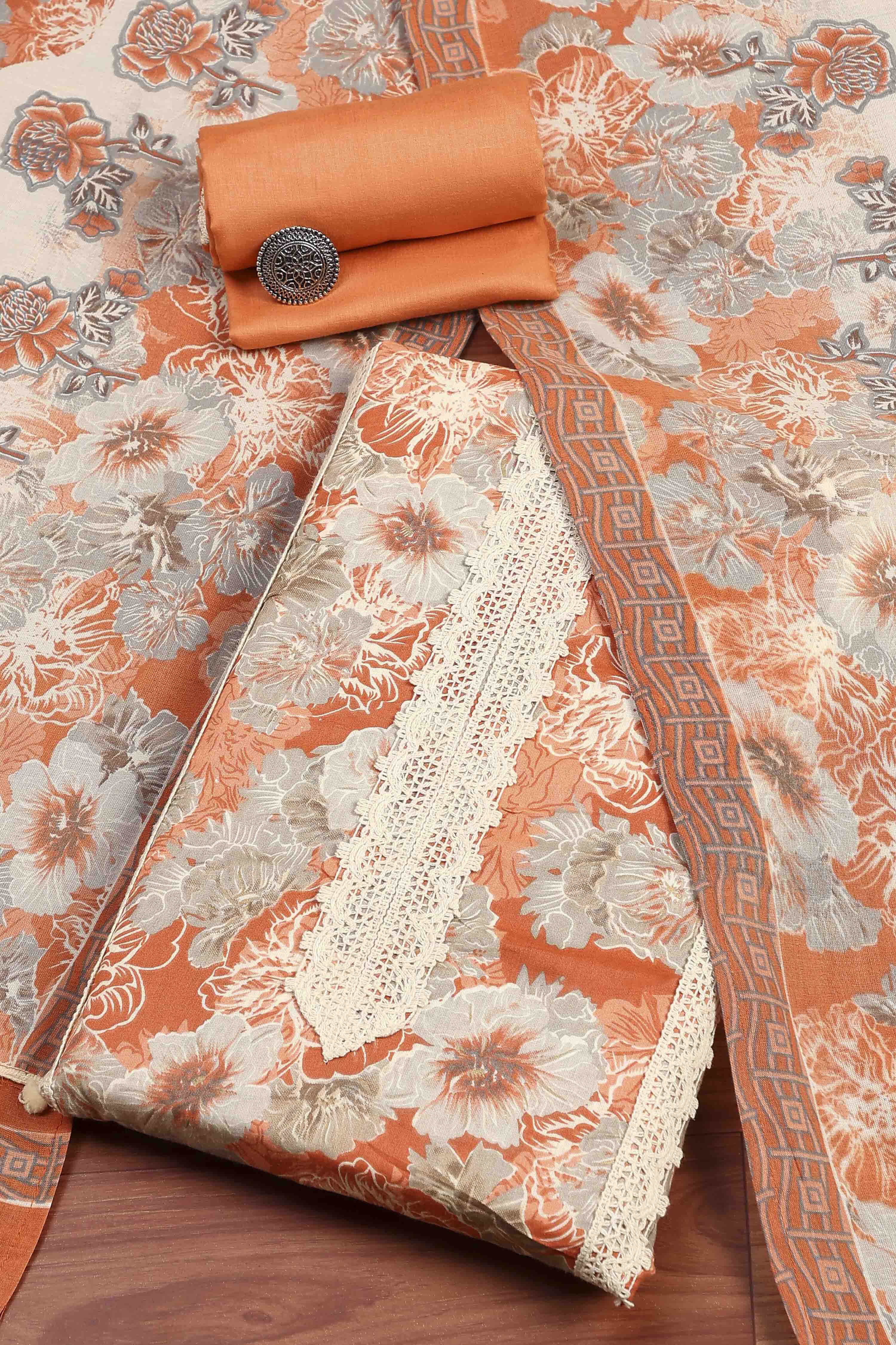 Peach Cotton Flower and Lace Work Unstitched Suit Set image number 0