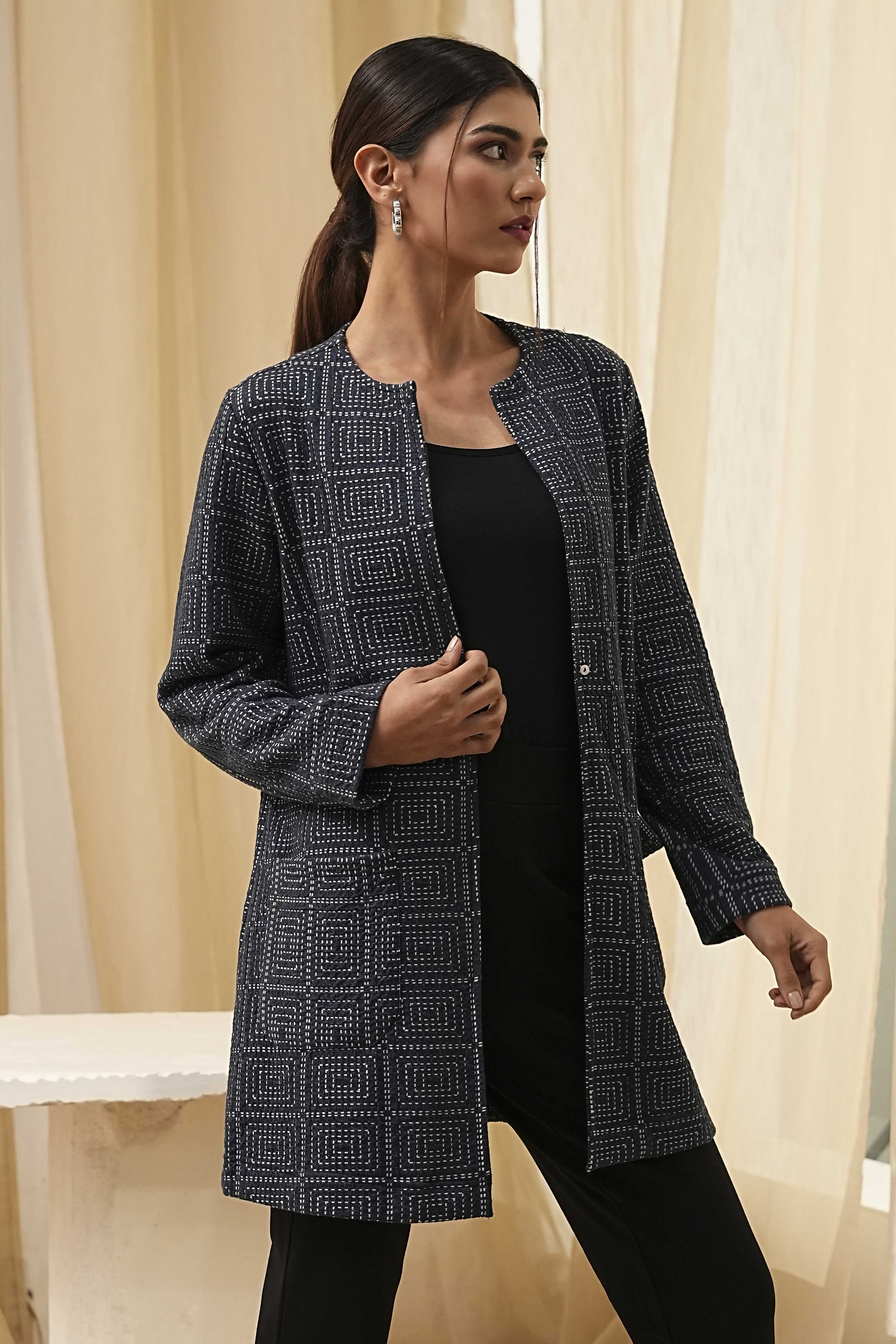 Navy Blue Printed Straight Jacket image number 4