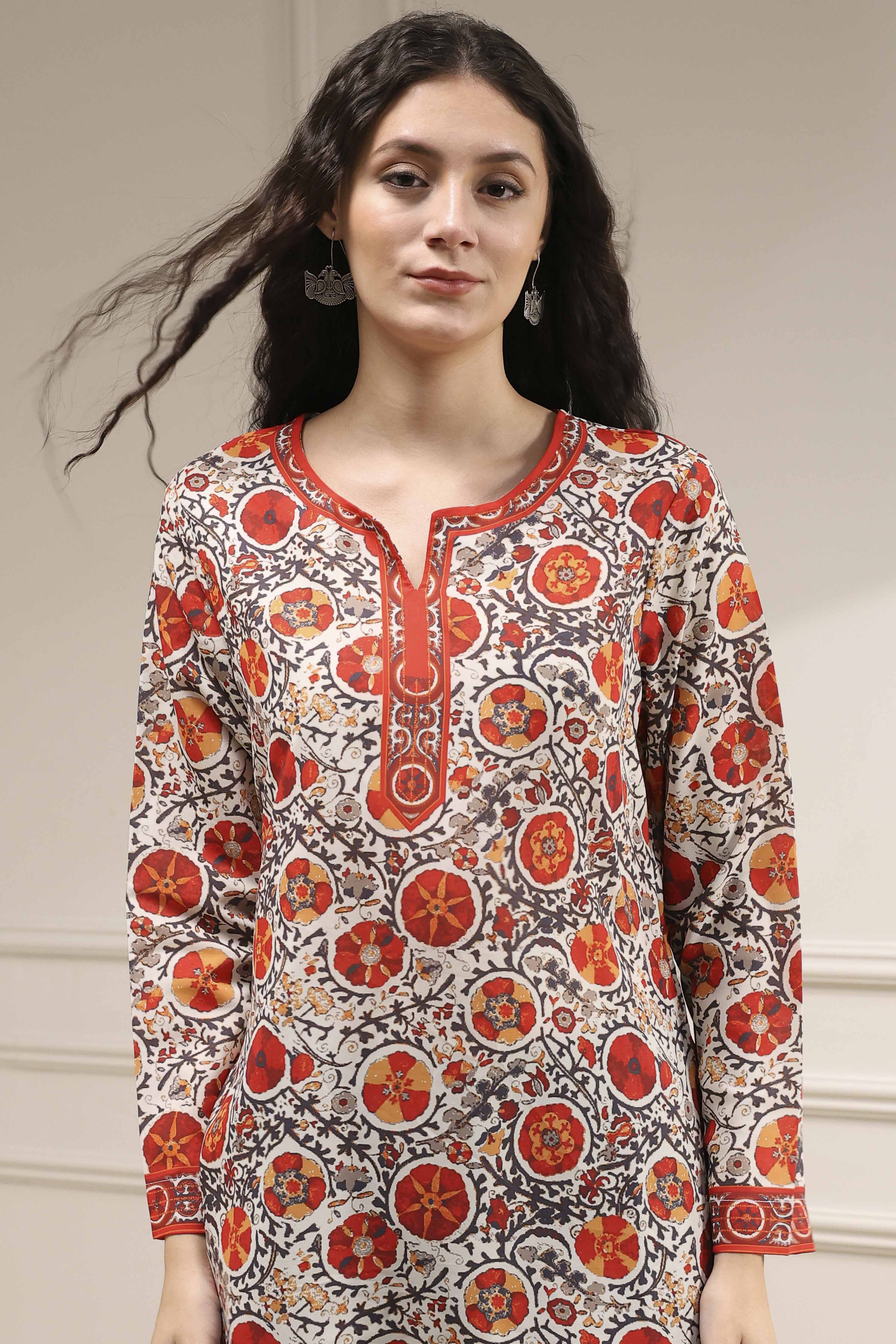 Off White-Red Polyester Straight Printed Short Kurta image number 1